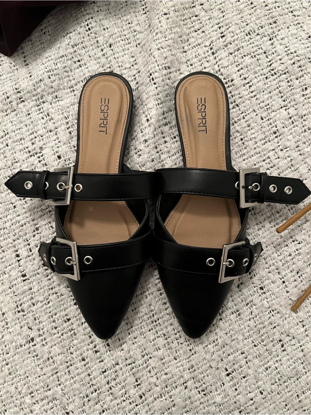 Esprit Black Pointed Dual-Buckle Mules
